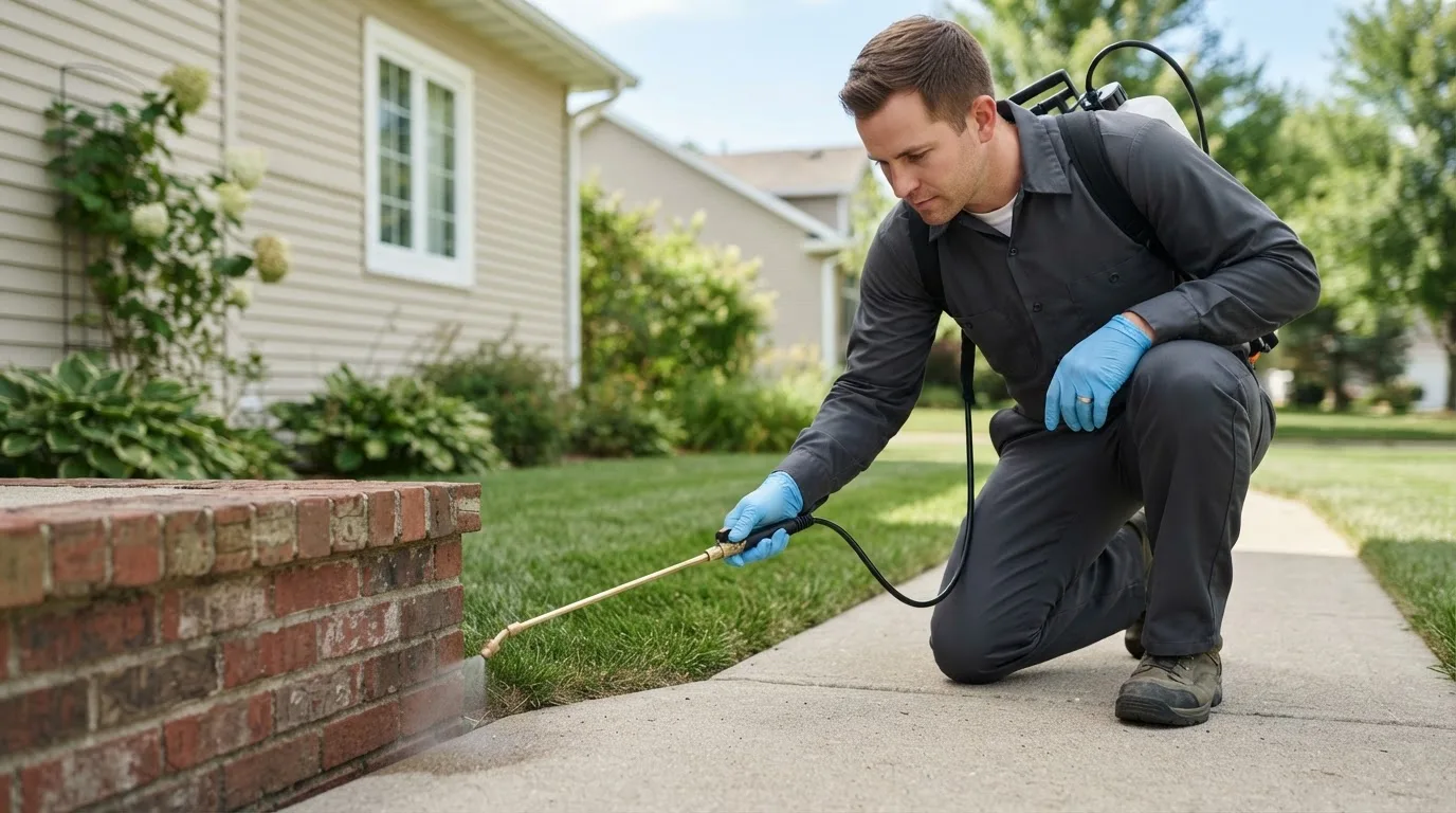 Pest control technician treating a home near Commack, NY